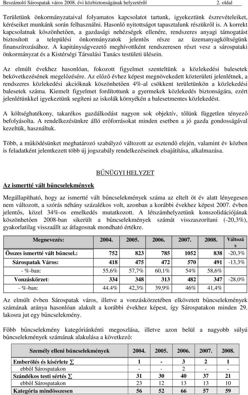 A kapitányságvezetı meghívottként rendszeresen részt vesz a sárospataki önkormányzat és a Kistérségi Társulási Tanács testületi ülésein.