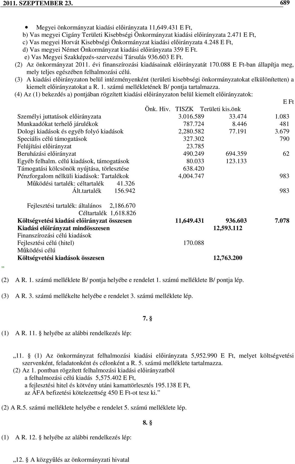 e) Vas Megyei Szakképzés-szervezési Társulás 936.603 E Ft. (2) Az önkormányzat 2011. évi finanszírozási kiadásainak elıirányzatát 170.