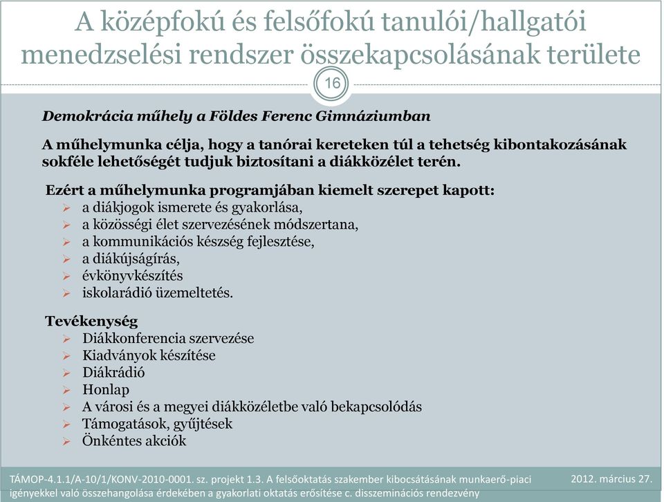 Ezért a műhelymunka programjában kiemelt szerepet kapott: a diákjogok ismerete és gyakorlása, a közösségi élet szervezésének módszertana, a kommunikációs készség