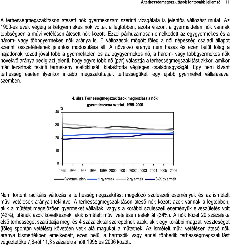 Ezzel párhuzamosan emelkedett az egygyermekes és a három- vagy többgyermekes nők aránya is. E változások mögött főleg a női népesség családi állapot szerinti összetételének jelentős módosulása áll.