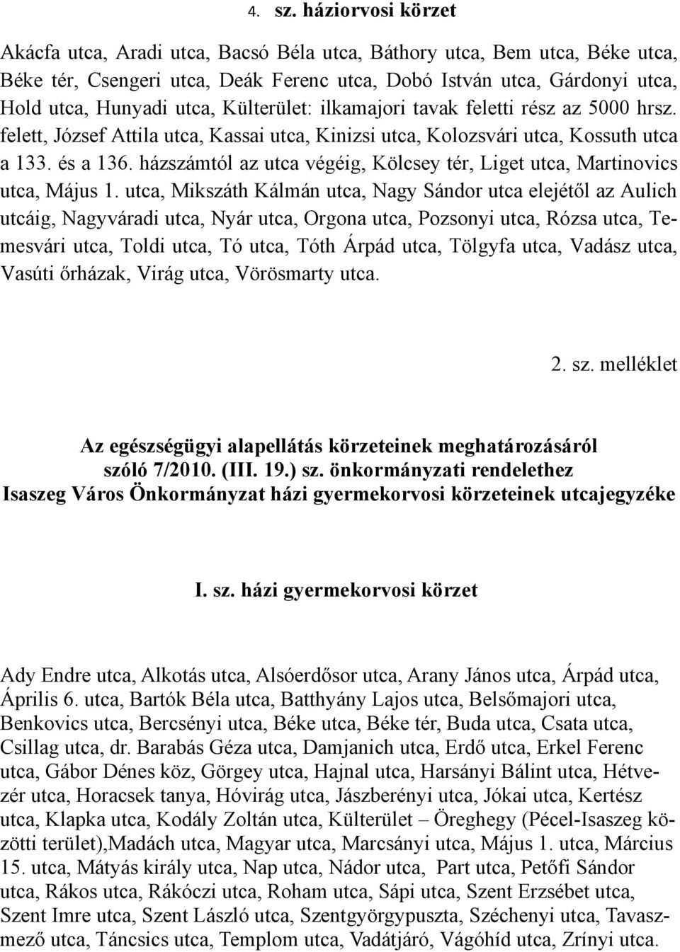 Külterület: ilkamajori tavak feletti rész az 5000 hrsz. felett, József Attila utca, Kassai utca, Kinizsi utca, Kolozsvári utca, Kossuth utca a 133. és a 136.