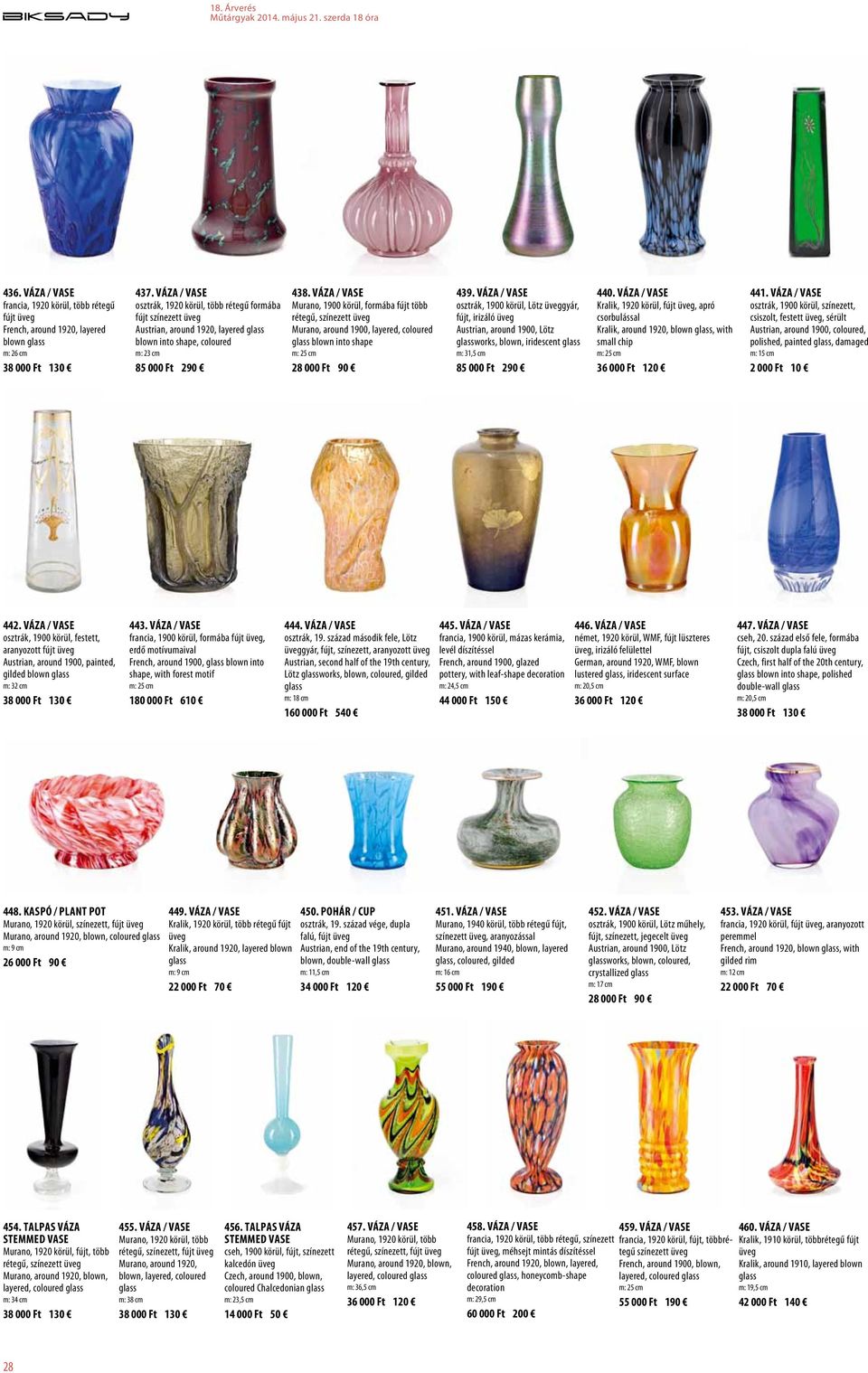 Váza / Vase Murano, 1900 körül, formába fújt több rétegű, színezett Murano, around 1900, layered, coloured blown into shape m: 25 cm 439.