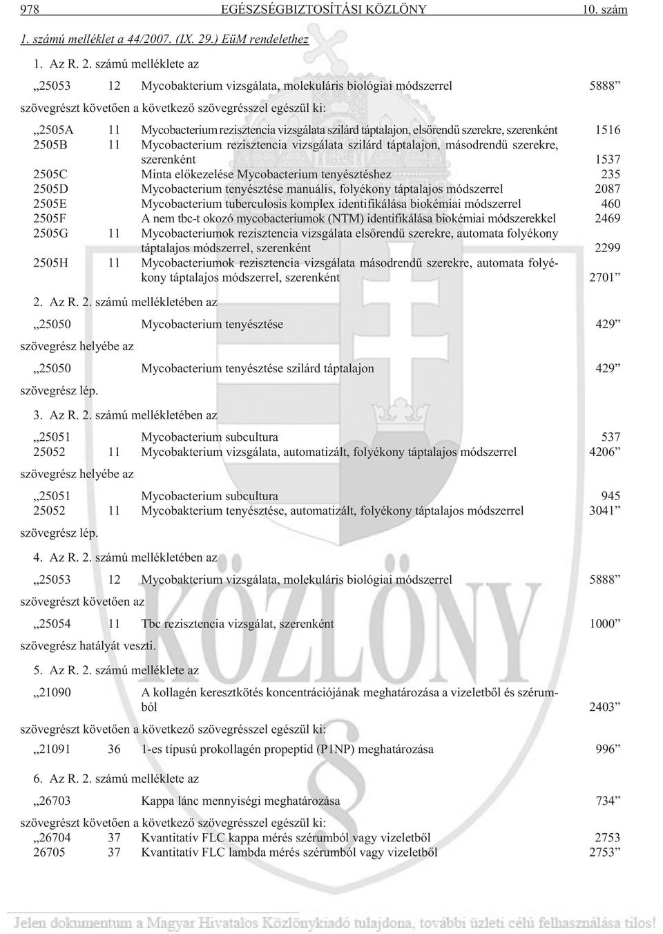 számú melléklete az 25053 12 Mycobakterium vizsgálata, molekuláris biológiai módszerrel 5888 szövegrészt követõen a következõ szövegrésszel egészül ki: 2505A 11 Mycobacterium rezisztencia vizsgálata