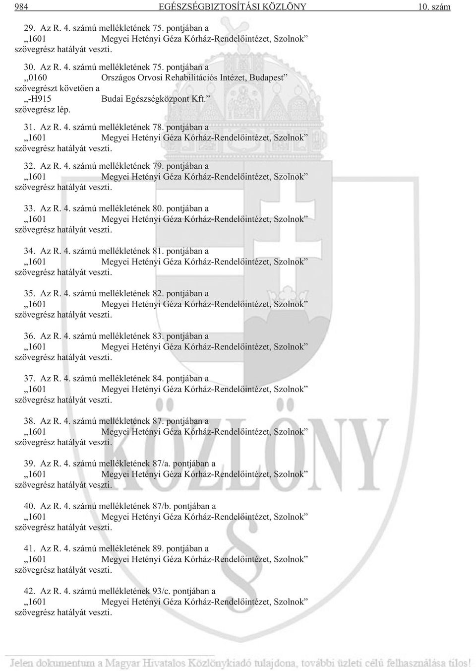 pontjában a 1601 Megyei Hetényi Géza Kórház-Rendelõintézet, Szolnok 33. Az R. 4. számú mellékletének 80. pontjában a 1601 Megyei Hetényi Géza Kórház-Rendelõintézet, Szolnok 34. Az R. 4. számú mellékletének 81.