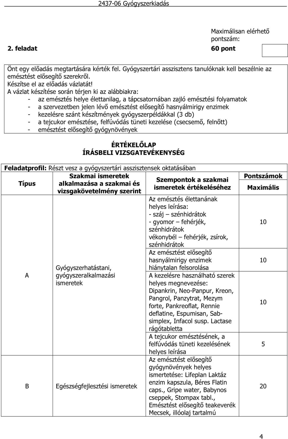 kezelésre szánt készítmények gyógyszerpéldákkal (3 db) - a tejcukor emésztése, felfúvódás tüneti kezelése (csecsemő, felnőtt) - emésztést elősegítő gyógynövények ÉRTÉKELŐLAP ÍRÁSBELI