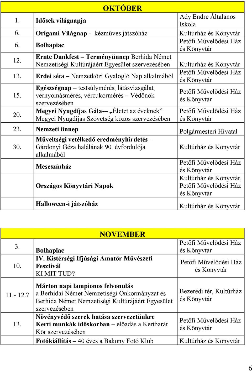 Egészségnap testsúlymérés, látásvizsgálat, vérnyomásmérés, vércukormérés Védőnők Megyei Nyugdíjas Gála- Életet az éveknek Megyei Nyugdíjas Szövetség közös Kultúrház 23.