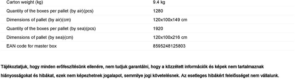 pallet (by sea)(pcs) 1920 Dimensions of pallet (by sea)(cm) 120x100x216 cm EAN code for master box 8595248125803 Tájékoztatjuk, hogy