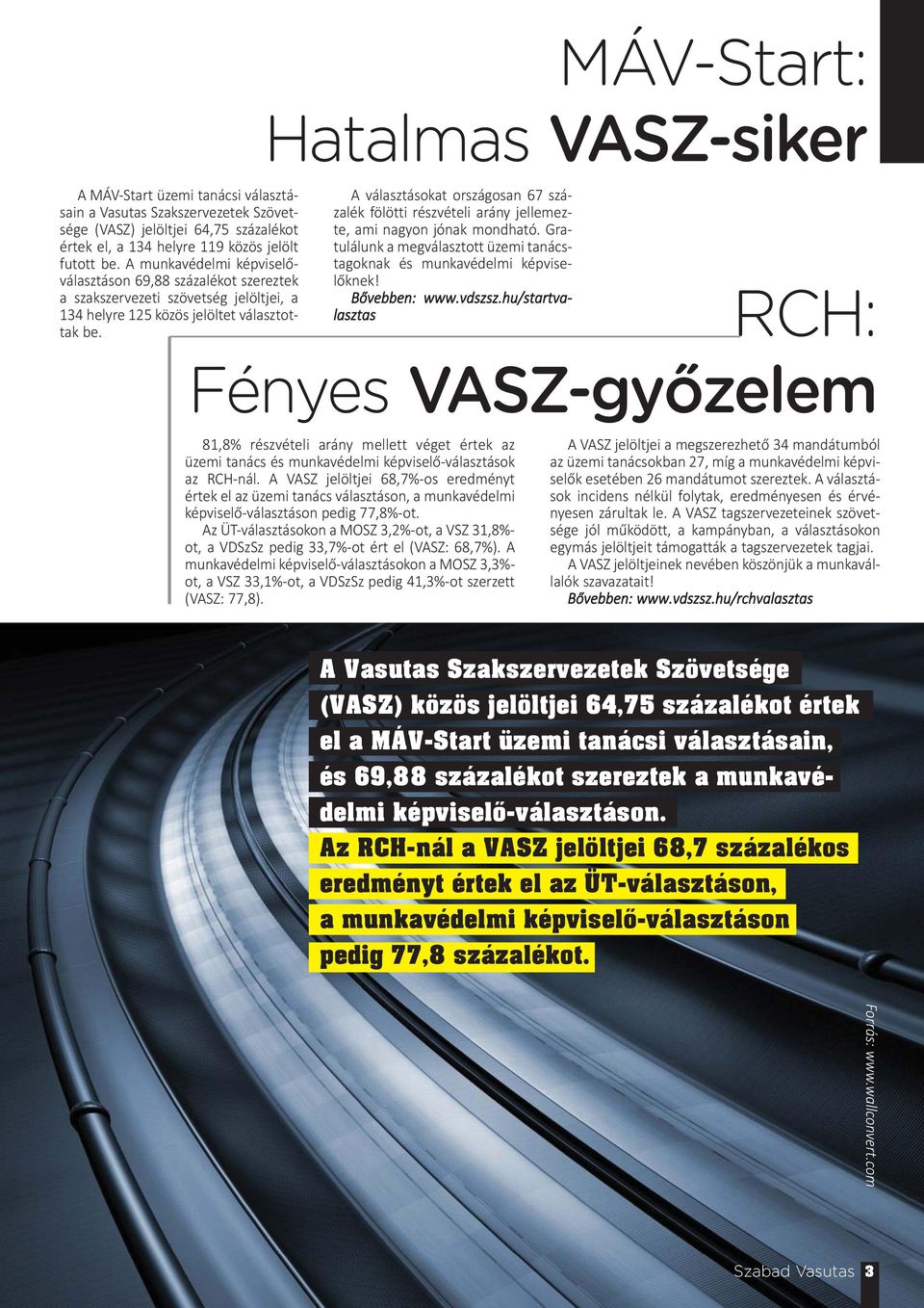 A választásokat országosan 67 százalék fölötti részvételi arány jellemezte, ami nagyon jónak mondható. Gratulálunk a megválasztott üzemi tanácstagoknak és munkavédelmi képviselőknek! Bővebben: www.