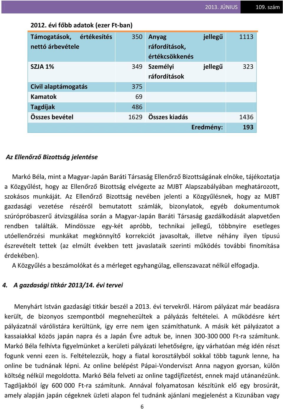 tájékoztatja a Közgyűlést, hogy az Ellenőrző Bizottság elvégezte az MJBT Alapszabályában meghatározott, szokásos munkáját.