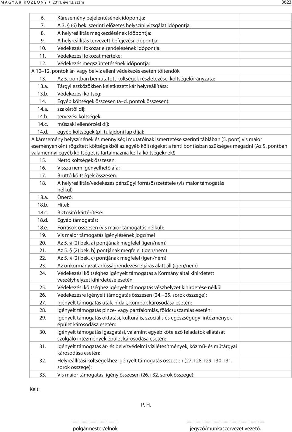 Védekezés megszüntetésének idõpontja: A 10 12. pontok ár- vagy belvíz elleni védekezés esetén töltendõk 13. Az 5. pontban bemutatott költségek részletezése, költségelõirányzata: 13.a. Tárgyi eszközökben keletkezett kár helyreállítása: 13.