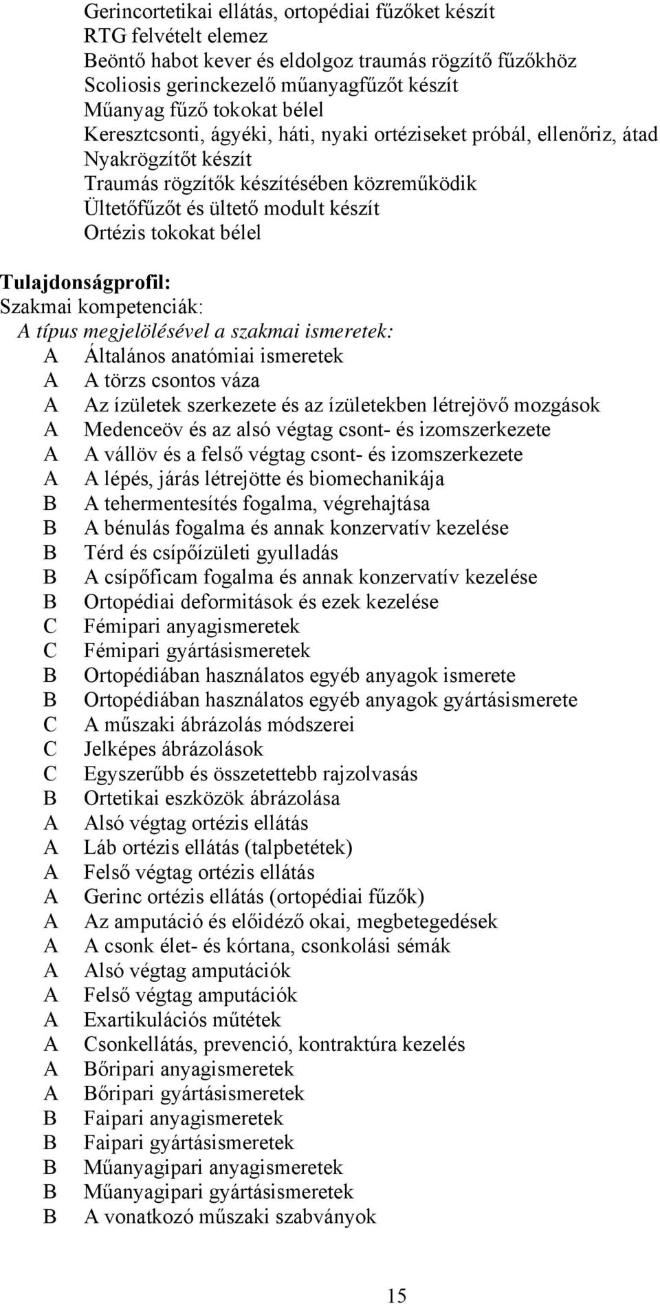 Tulajdonságprofil: Szakmai kompetenciák: A típus megjelölésével a szakmai ismeretek: A Általános anatómiai ismeretek A A törzs csontos váza A Az ízületek szerkezete és az ízületekben létrejövő