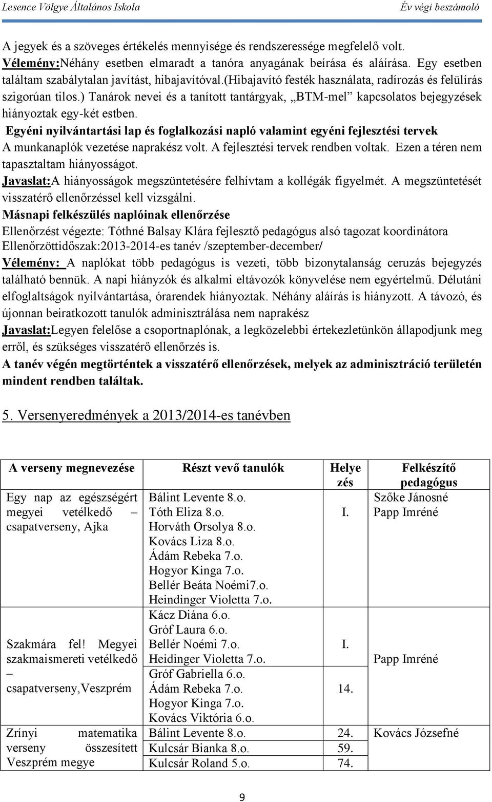 ) Tanárok nevei és a tanított tantárgyak, BTM-mel kapcsolatos bejegyzések hiányoztak egy-két estben.