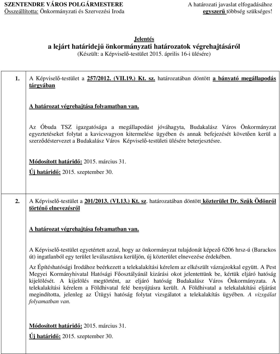 határozatában döntött a bányató megállapodás tárgyában Az Óbuda TSZ igazgatósága a megállapodást jóváhagyta, Budakalász Város Önkormányzat egyeztetéseket folytat a kavicsvagyon kitermelése ügyében és