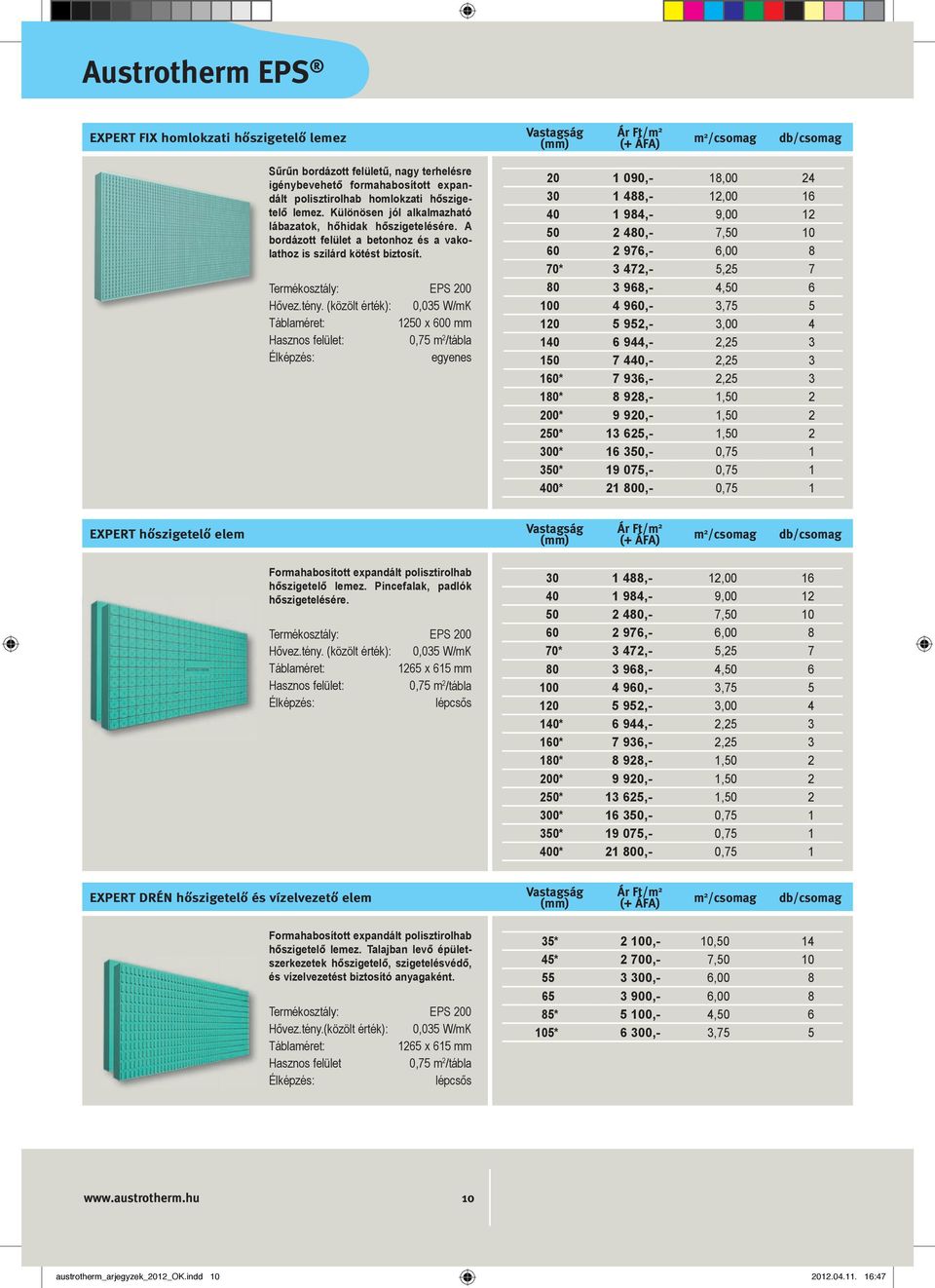 (közölt érték): 0,035 W/mK 1250 x 600 mm Hasznos felület: 0,75 m 2 /tábla Élképzés: egyenes 20 1 090,- 18,00 24 30 1 488,- 12,00 16 40 1 984,- 9,00 12 50 2 480,- 7,50 10 60 2 976,- 6,00 8 70* 3 472,-