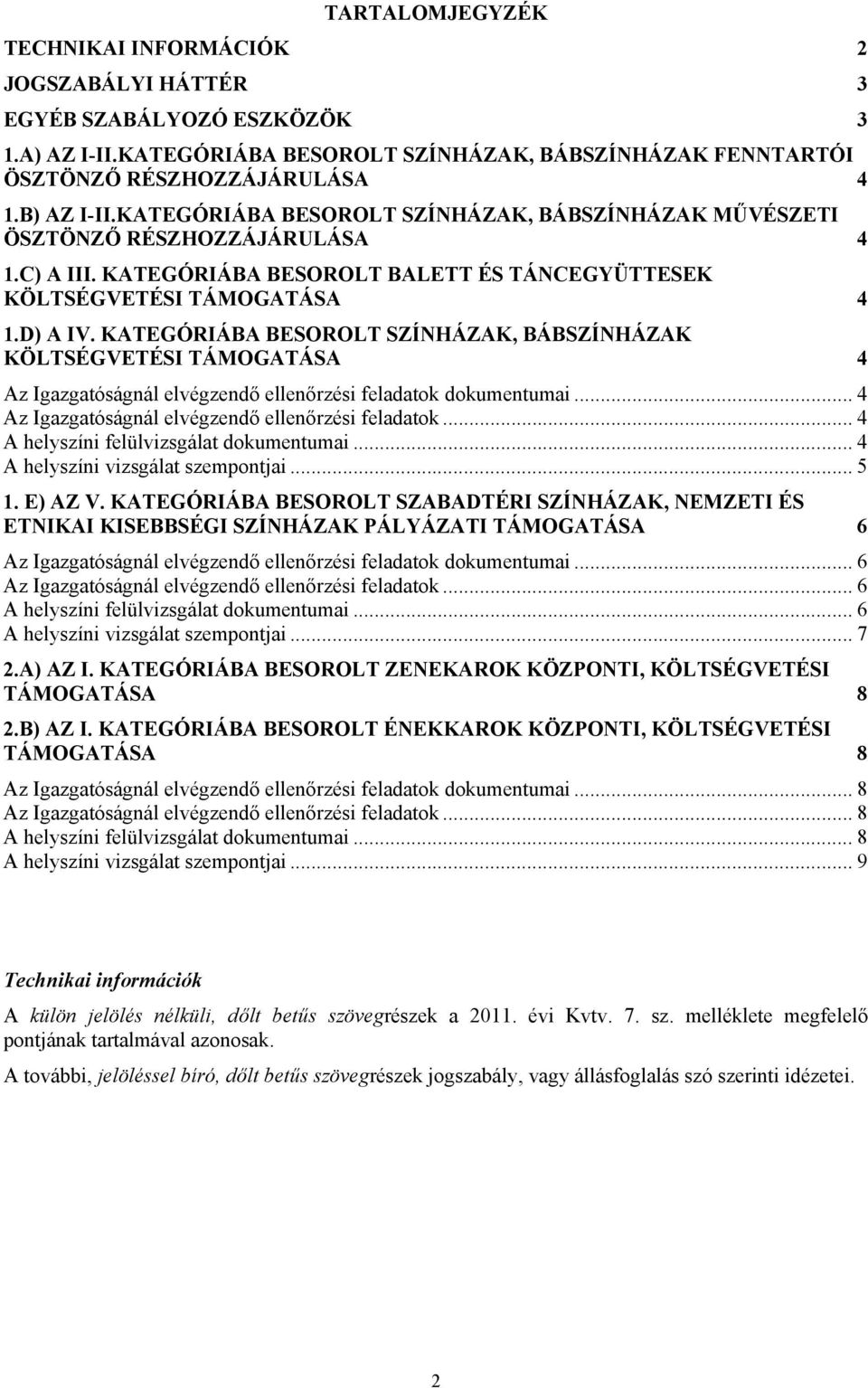 KATEGÓRIÁBA BESOROLT SZÍNHÁZAK, BÁBSZÍNHÁZAK KÖLTSÉGVETÉSI TÁMOGATÁSA 4 Az Igazgatóságnál elvégzendő ellenőrzési feladatok dokumentumai... 4 Az Igazgatóságnál elvégzendő ellenőrzési feladatok... 4 A helyszíni felülvizsgálat dokumentumai.