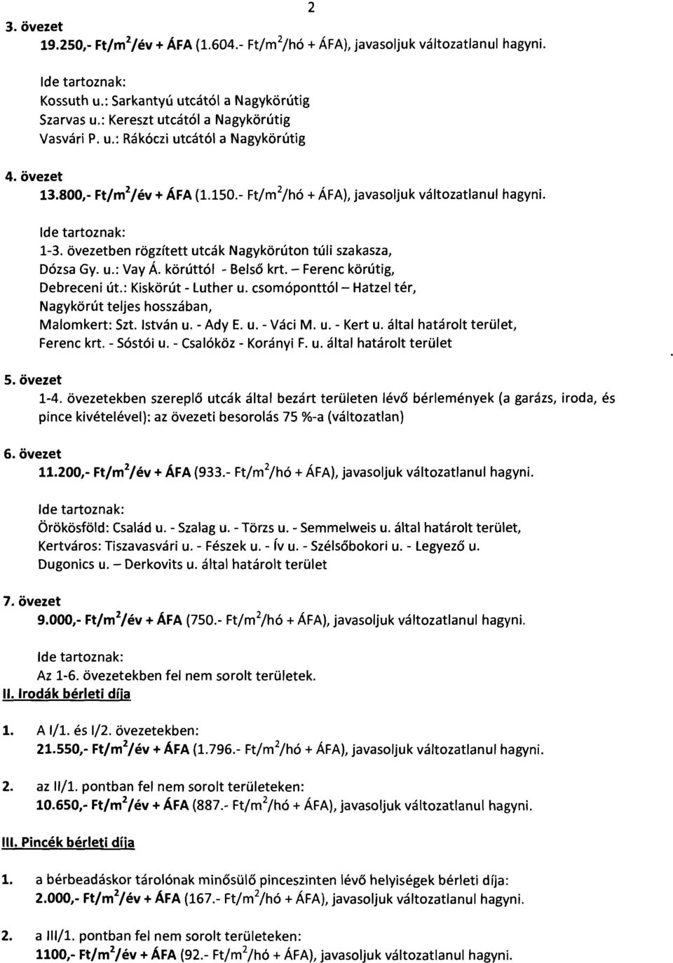 - Ferenc körútig, Debreceni út.: Kiskörút -luther u. csomóponttól- Hatzel tér, Nagykörút teljes hosszában, Malomkert: Szt. István u. - Ady E. u. - Váci M. u. - Kert u.