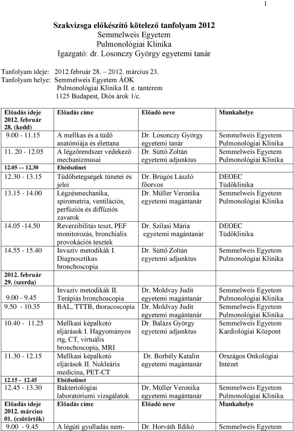 30 Ebédszünet 12.30-13.15 Tüdőbetegségek tünetei és jelei 13.15-14.00 Légzésmechanika, spirometria, ventilációs, perfúziós és diffúziós zavarok 14.05-14.