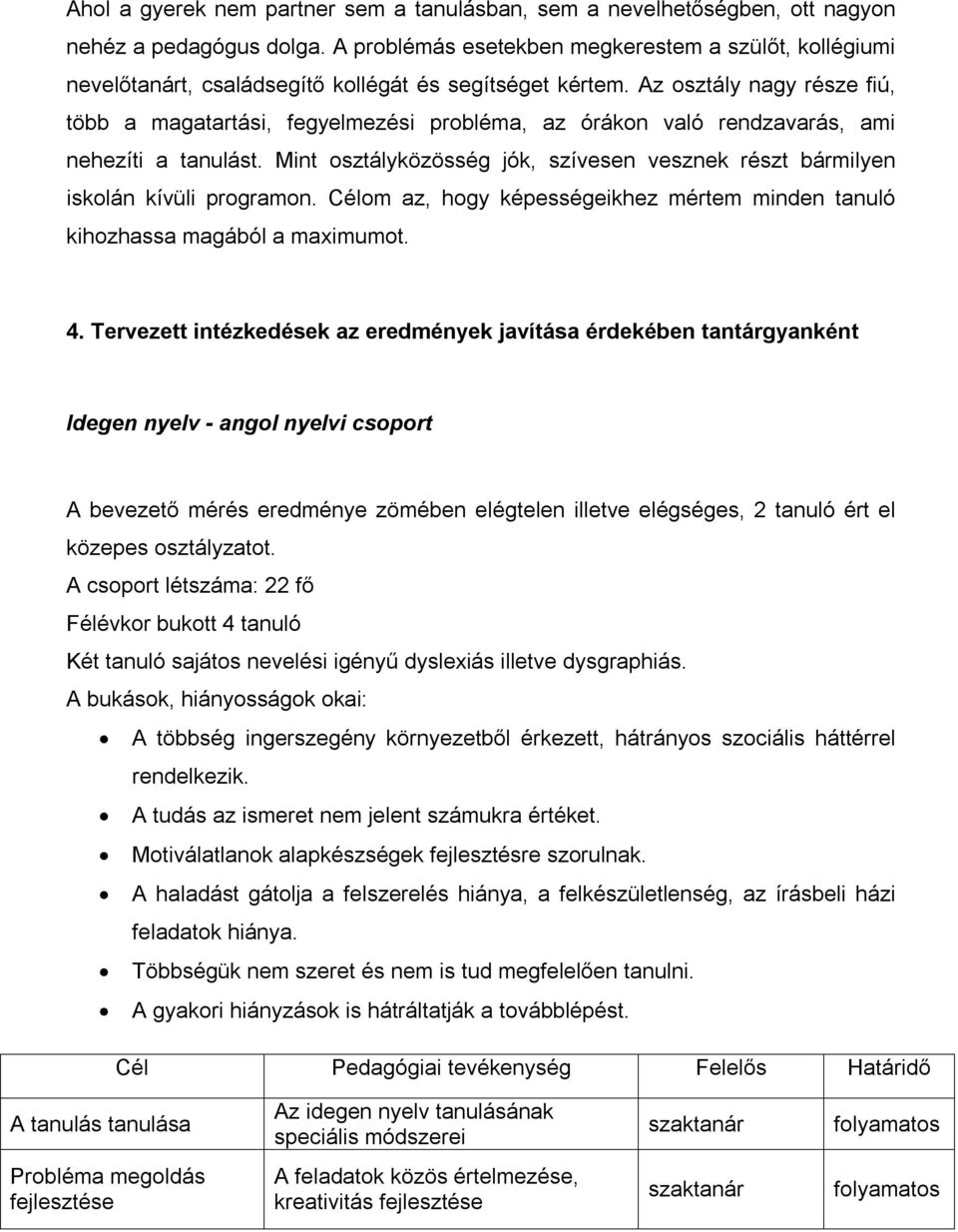 Az osztály nagy része fiú, több a magatartási, fegyelmezési probléma, az órákon való rendzavarás, ami nehezíti a tanulást.