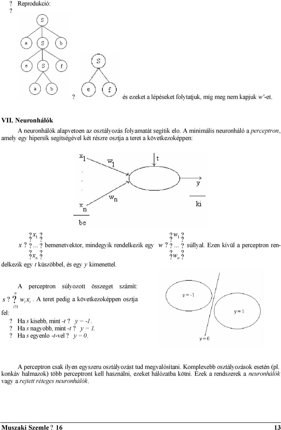 .. bemenetvektor, mindegyik rendelkezik egy x n delkezik egy t küszöbbel, és egy y kimenettel. w1 w... w n s n i 1 A perceptron súlyozott összeget számít: w i x i.