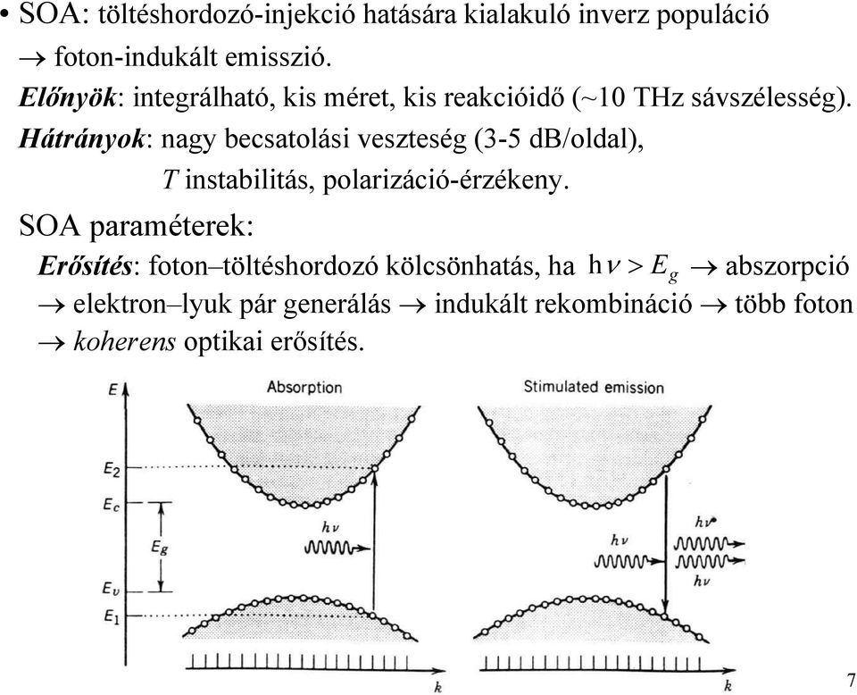 Hátrányok: nagy bcsatolási vsztség (3-5 db/oldal), SOA aramétrk: T instabilitás, olarizáció-érzékny.