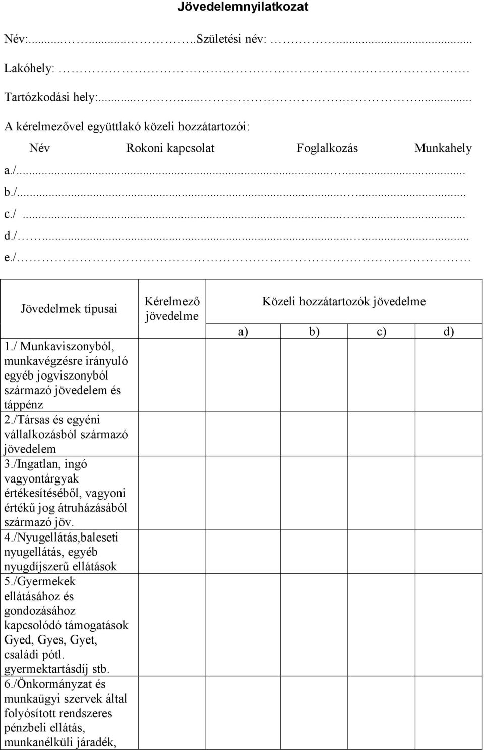 /Ingatlan, ingó vagyontárgyak értékesítéséből, vagyoni értékű jog átruházásából származó jöv. 4./Nyugellátás,baleseti nyugellátás, egyéb nyugdíjszerű ellátások 5.