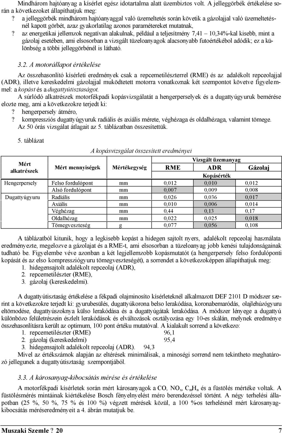 gyakorlatilag azonos paramétereket mutatnak, az energetikai jellemzok negatívan alakulnak, például a teljesítmény 7,41 10,34%-kal kisebb, mint a gázolaj esetében, ami elsosorban a vizsgált