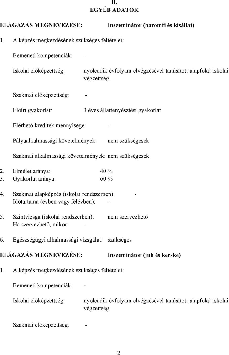 végzettség - 3 éves állattenyésztési gyakorlat Elérhető kreditek mennyisége: - Pályaalkalmassági követelmények: nem szükségesek Szakmai alkalmassági követelmények: nem szükségesek 2.