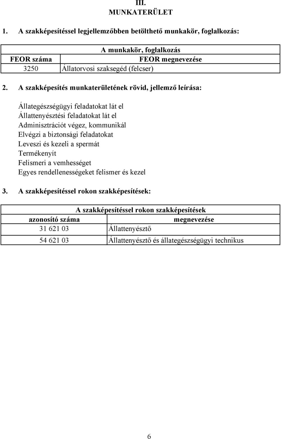 szakképesítés munkaterületének rövid, jellemző leírása: Állategészségügyi feladatokat lát el Állattenyésztési feladatokat lát el dminisztrációt végez, kommunikál