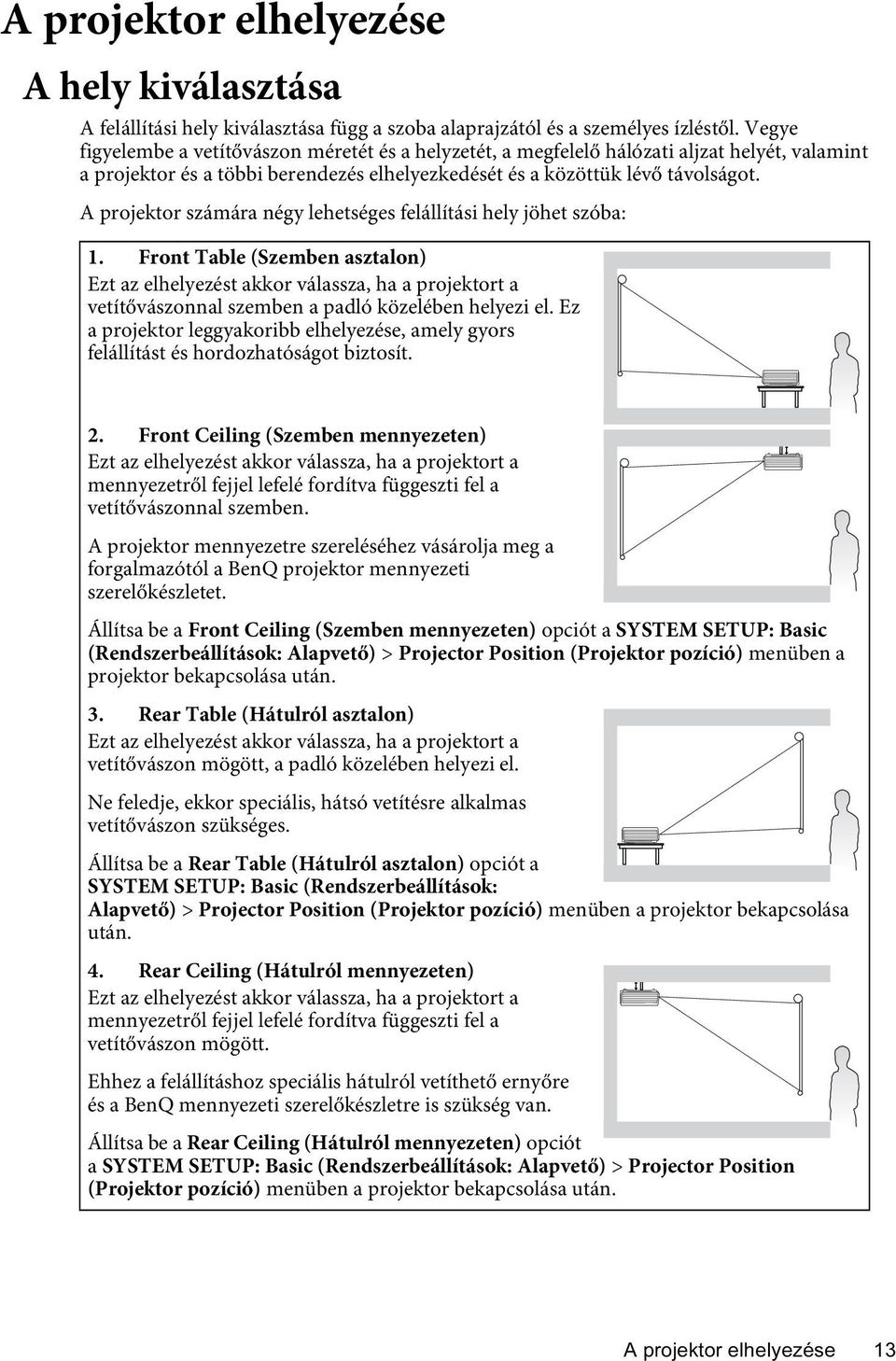 A projektor számára négy lehetséges felállítási hely jöhet szóba: 1.