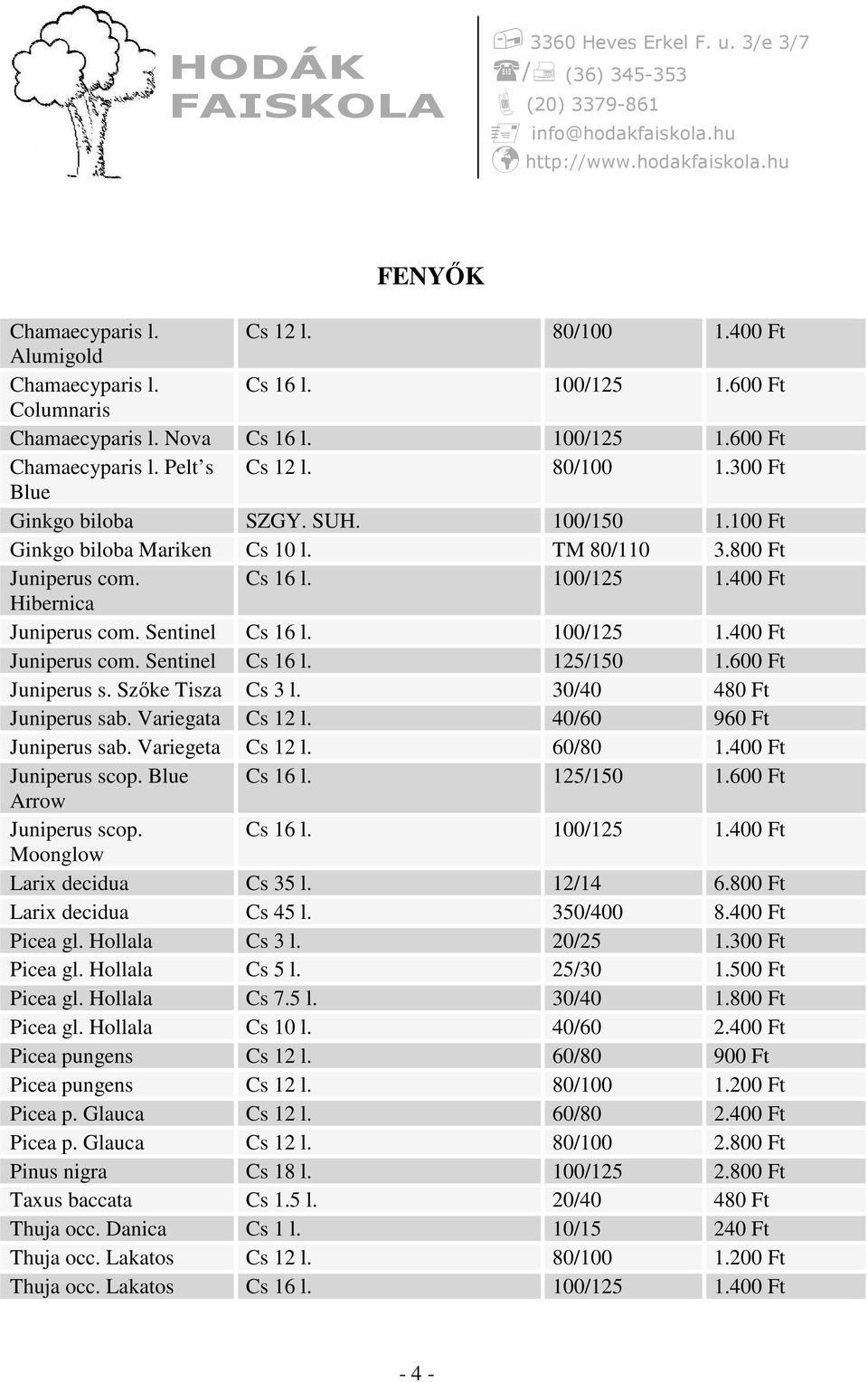 100/125 1.400 Ft Juniperus com. Sentinel Cs 16 l. 125/150 1.600 Ft Juniperus s. Szőke Tisza Cs 3 l. 30/40 480 Ft Juniperus sab. Variegata Cs 12 l. 40/60 960 Ft Juniperus sab. Variegeta Cs 12 l.
