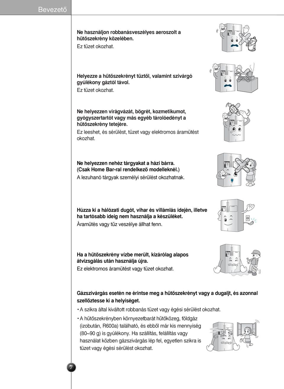 Ne helyezzen virágvázát, bögrét, kozmetikumot, gyógyszertartót vagy más egyéb tárolóedényt a hıtœszekrény tetejére. Ez leeshet, és sérülést, tüzet vagy elektromos áramütést okozhat.