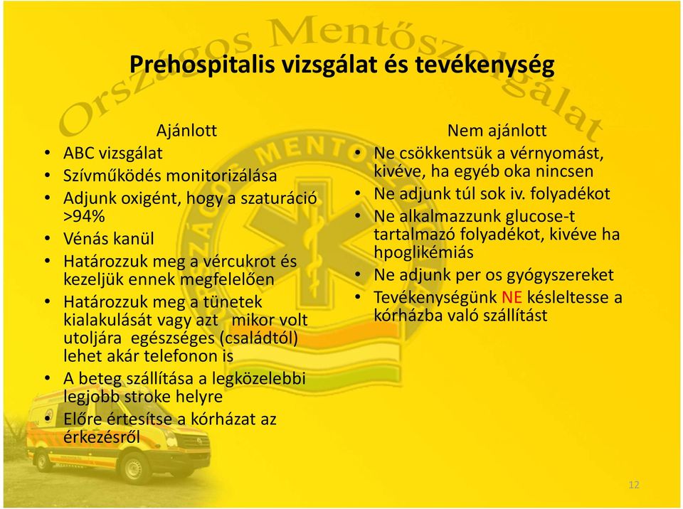 legközelebbi legjobb stroke helyre Előre értesítse a kórházat az érkezésről Nem ajánlott Ne csökkentsük a vérnyomást, kivéve, ha egyéb oka nincsen Ne adjunk túl sok iv.