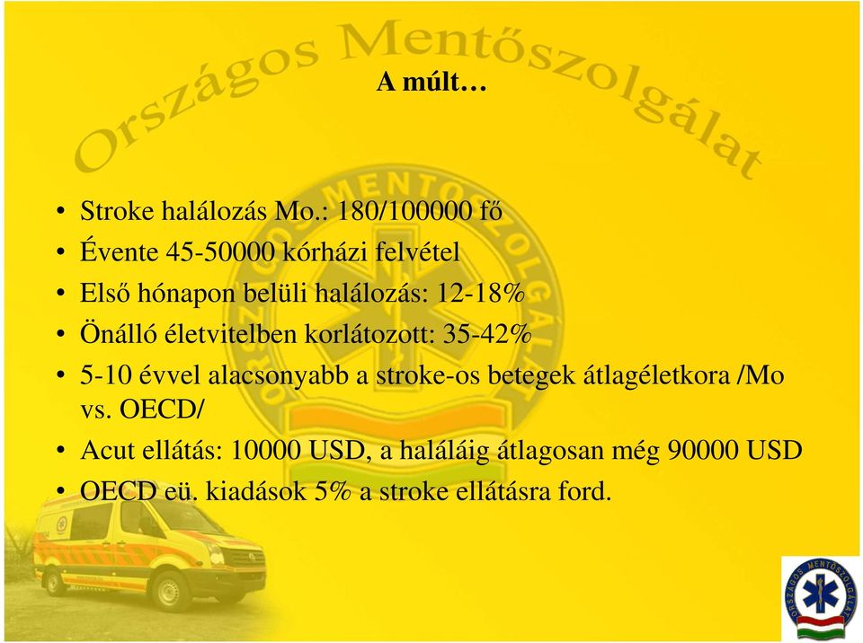 12-18% Önálló életvitelben korlátozott: 35-42% 5-10 évvel alacsonyabb a stroke-os