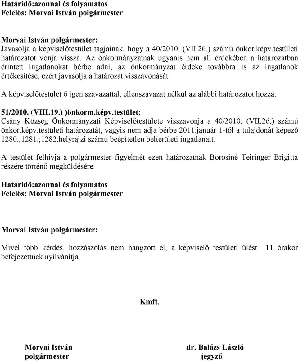 51/2010. (VIII.19.) )önkorm.képv.testület: Csány Község Önkormányzati Képviselőtestülete visszavonja a 40/2010. (VII.26.) számú önkor.képv.testületi határozatát, vagyis nem adja bérbe 2011.