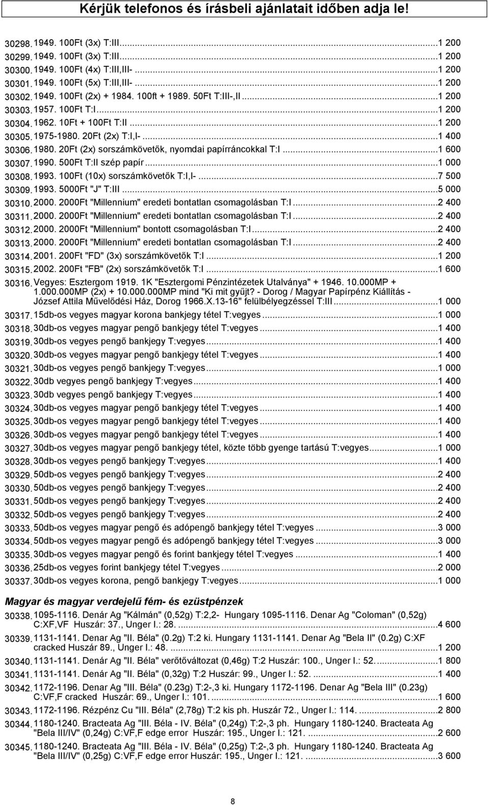 20Ft (2x) T:I,I-...1 400 30306.1980. 20Ft (2x) sorszámkövetők, nyomdai papírráncokkal T:I...1 600 30307.1990. 500Ft T:II szép papír...1 000 30308.1993. 100Ft (10x) sorszámkövetők T:I,I-...7 500 30309.