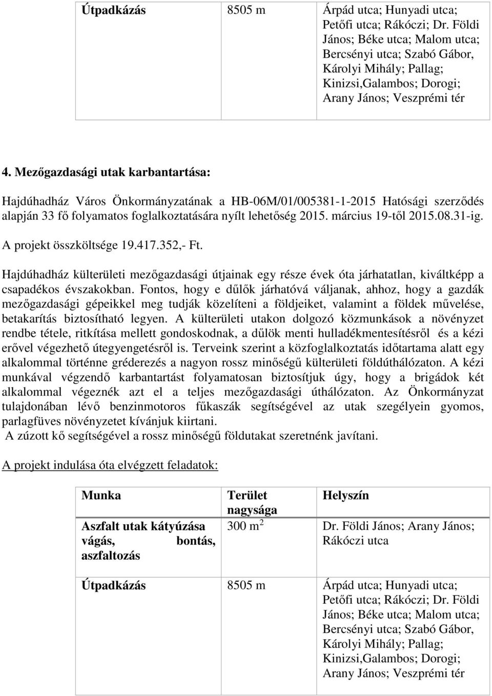 Mezőgazdasági utak karbantartása: Hajdúhadház Város Önkormányzatának a HB-06M/01/005381-1-2015 Hatósági szerződés alapján 33 fő folyamatos foglalkoztatására nyílt lehetőség 2015. március 19-től 2015.