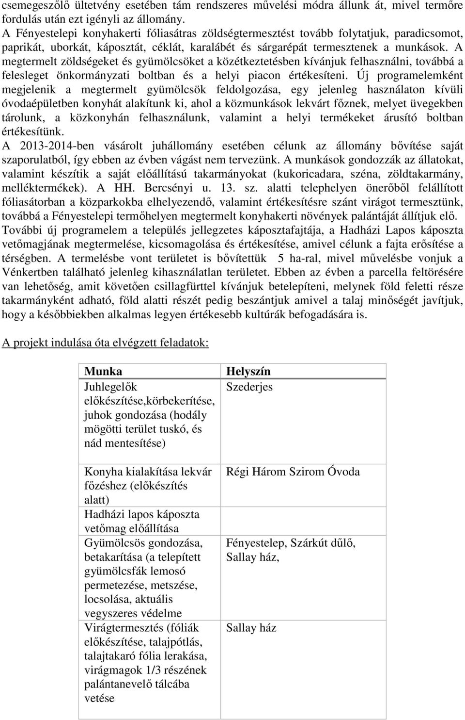 A megtermelt zöldségeket és gyümölcsöket a közétkeztetésben kívánjuk felhasználni, továbbá a felesleget önkormányzati boltban és a helyi piacon értékesíteni.