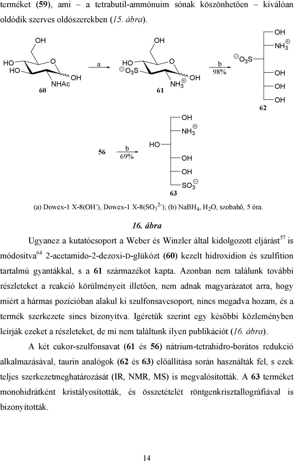 ábra Ugyanez a kutatócsoport a Weber és Winzler által kidolgozott eljárást 57 is módosítva 64 2-acetamido-2-dezoxi-D-glükózt (60) kezelt hidroxidion és szulfition tartalmú gyantákkal, s a 61