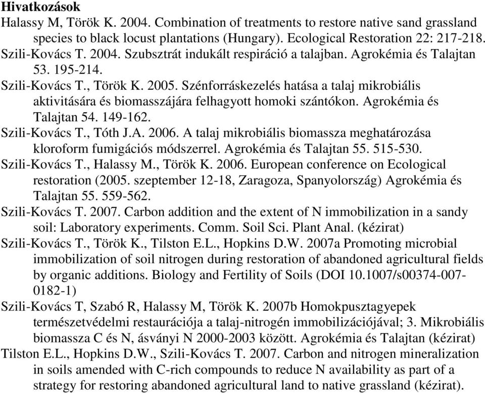 Szénforráskezelés hatása a talaj mikrobiális aktivitására és biomasszájára felhagyott homoki szántókon. Agrokémia és Talajtan 54. 149-162. Szili-Kovács T., Tóth J.A. 2006.