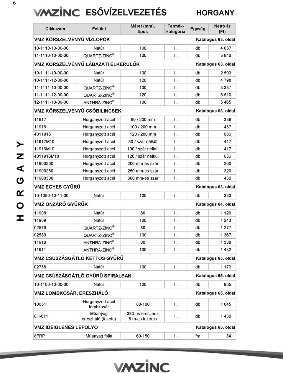 db 3 337 11-1111-12-00-00 QUARTZ-ZINC 120 II. db 5 510 12-1111-10-00-00 ANTHRA-ZINC 100 II. db 5 465 VMZ KÖRSZELVÉNYŰ CSŐBILINCSEK Katalógus 63. oldal 11917 Horganyzott acél 80 / 200 mm II.