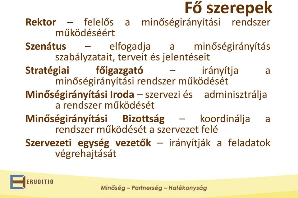 működését Minőségirányítási Iroda szervezi és adminisztrálja a rendszer működését Minőségirányítási