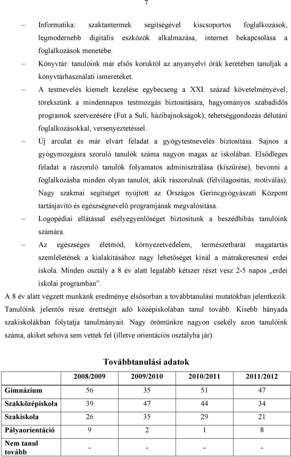 század követelményével; törekszünk a mindennapos testmozgás biztosítására, hagyományos szabadidős programok szervezésére (Fut a Suli, házibajnokságok), tehetséggondozás délutáni foglalkozásokkal,