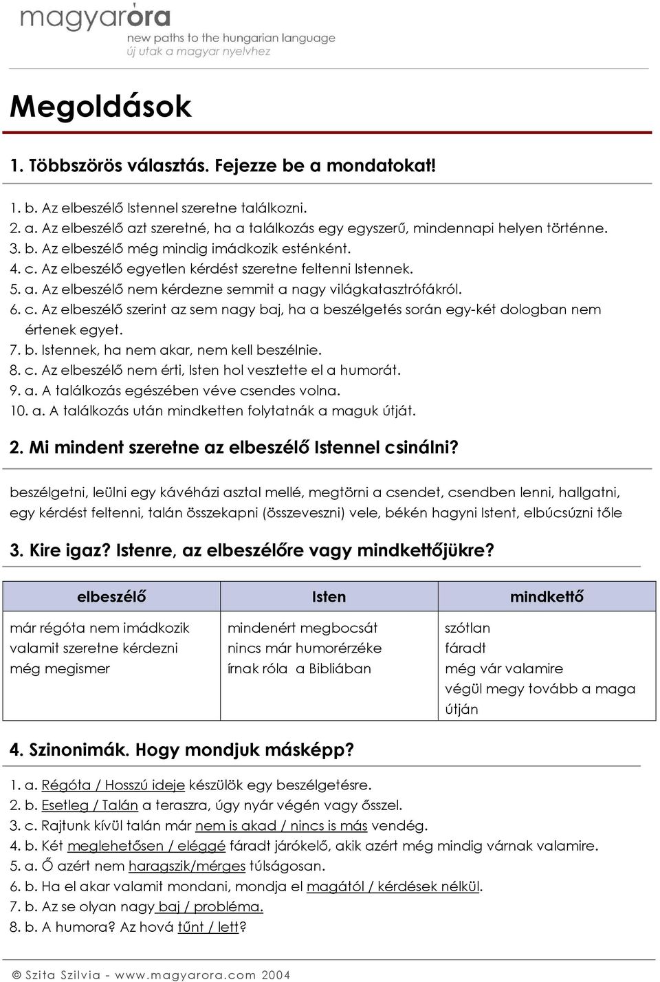 7. b. Istennek, ha nem akar, nem kell beszélnie. 8. c. Az elbeszélő nem érti, Isten hol vesztette el a humorát. 9. a. A találkozás egészében véve csendes volna. 10. a. A találkozás után mindketten folytatnák a maguk útját.