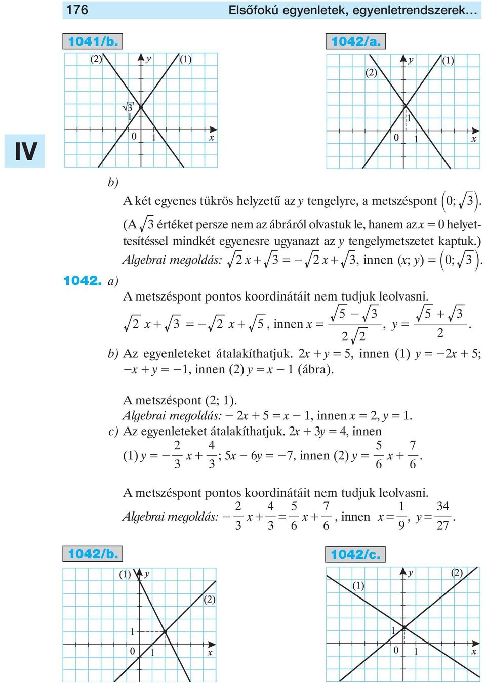 a) A metszéspont pontos koordinátáit nem tudjuk leolvasni. x + = - x +, innen x = -, y = + b) Az egyenleteket átalakíthatjuk. x + y =, innen () y =-x + ; -x + y =-, innen () y = x - (ábra).