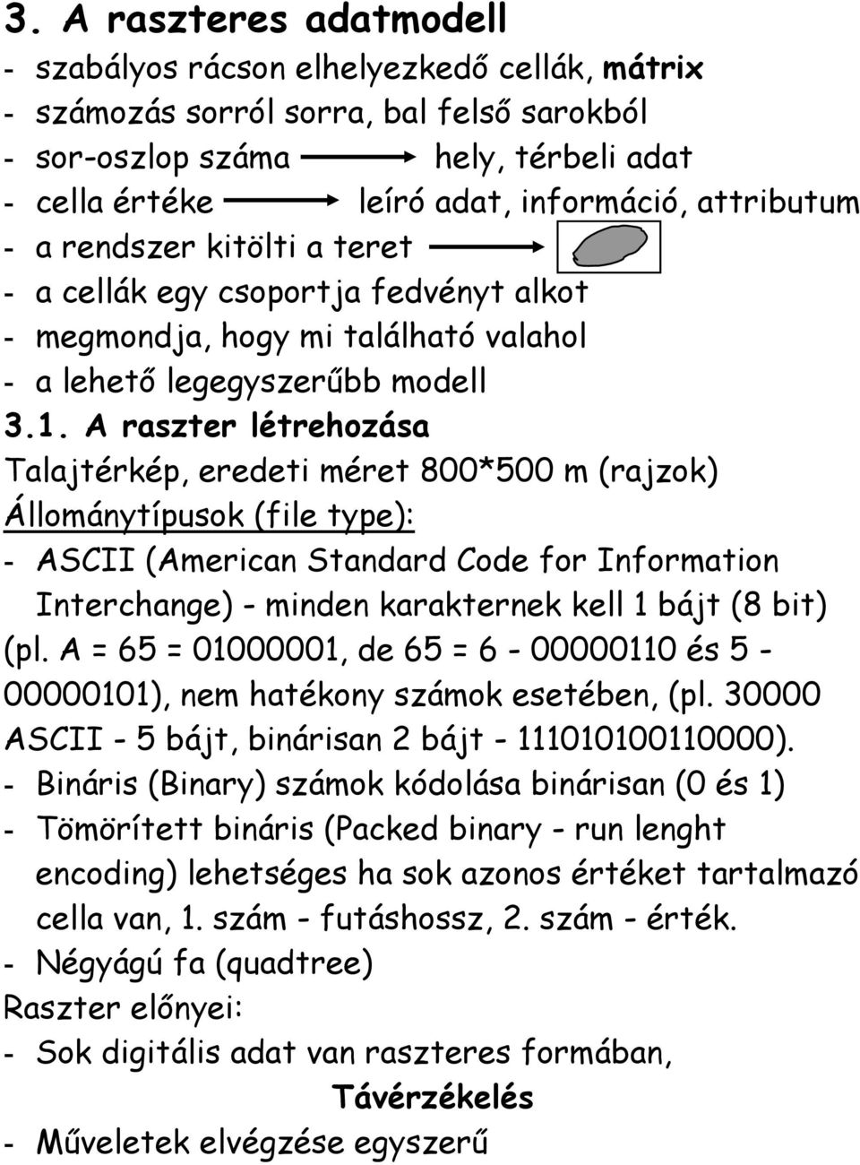 A raszter létrehozása Talajtérkép, eredeti méret 800*500 m (rajzok) Állománytípusok (file type): - ASCII (American Standard Code for Information Interchange) - minden karakternek kell 1 bájt (8 bit)