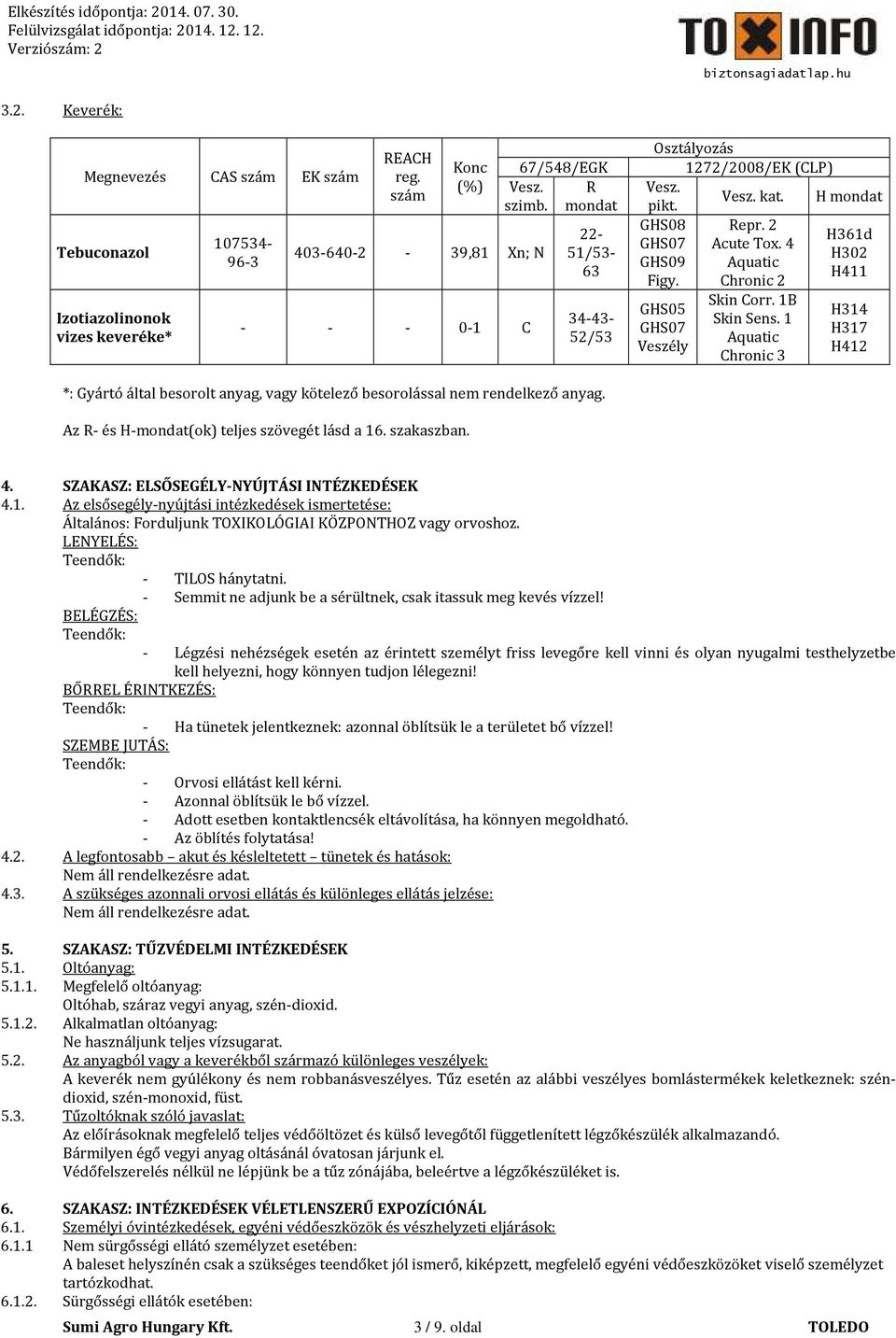 Chronic 2 GHS05 GHS07 Veszély Skin Corr. 1B Skin Sens. 1 Aquatic Chronic 3 H314 H317 H412 *: Gyártó által besorolt anyag, vagy kötelező besorolással nem rendelkező anyag.