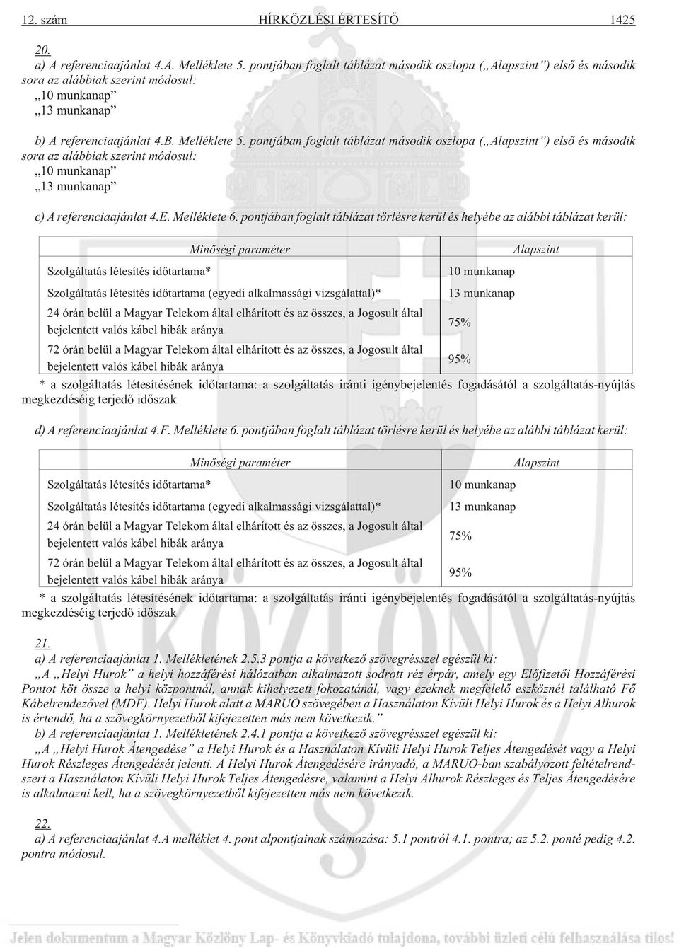 pontjában foglalt táblázat második oszlopa ( Alapszint ) elsõ és második sora az alábbiak szerint módosul: 10 munkanap 13 munkanap c) A referenciaajánlat 4.E. Melléklete 6.