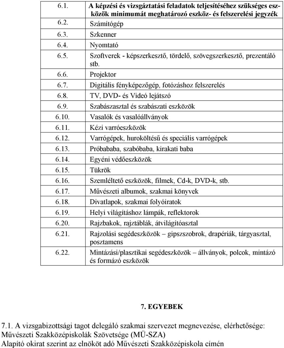 Szabászasztal és szabászati eszközök 6.10. Vasalók és vasalóállványok 6.11. Kézi varróeszközök 6.12. Varrógépek, huroköltésű és speciális varrógépek 6.13. Próbababa, szabóbaba, kirakati baba 6.14.