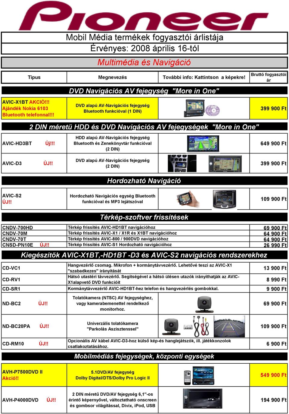 !! DVD alapú AV-Navigációs fejegység Bluetooth funkcióval (1 DIN) 399 900 Ft 2 DIN méretû HDD és DVD Navigációs AV fejegységek "More in One" AVIC-HD3BT Új!