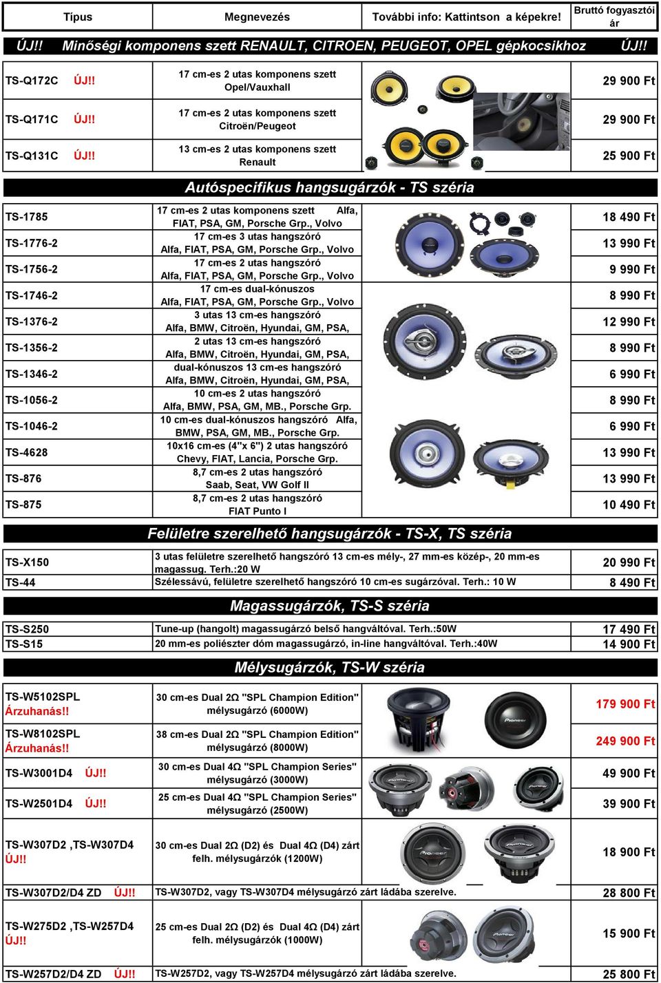 utas komponens szett Alfa, FIAT, PSA, GM, Porsche Grp., Volvo 17 cm-es 3 utas hangszóró Alfa, FIAT, PSA, GM, Porsche Grp., Volvo 17 cm-es 2 utas hangszóró Alfa, FIAT, PSA, GM, Porsche Grp.